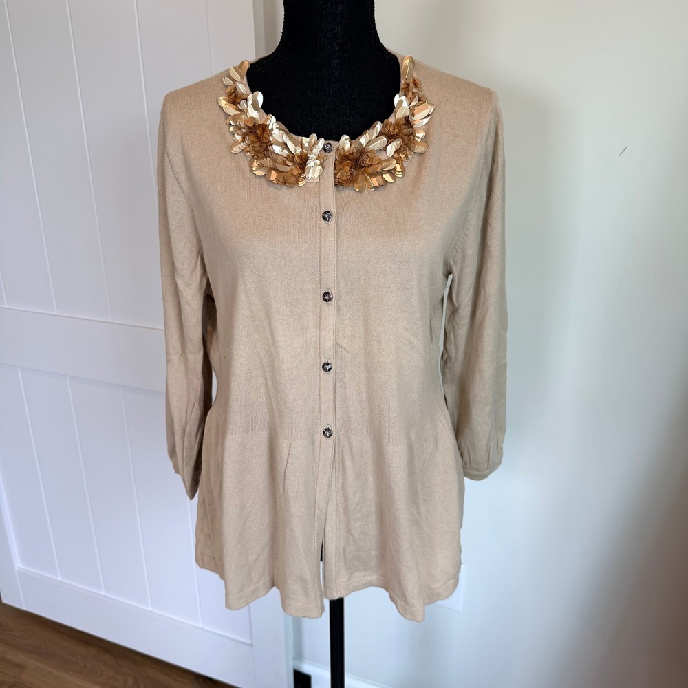 Boden Sequin Embellished Collar Peplum Cardigan Sweater Beige Tan US 14 WK812
